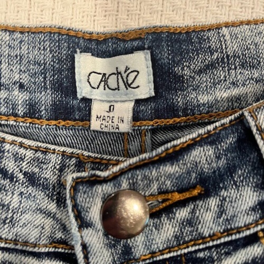 CACH'E Acid Wash Stretch Flare Blue Jeans with Gold Rhinestone Detailed Pockets
